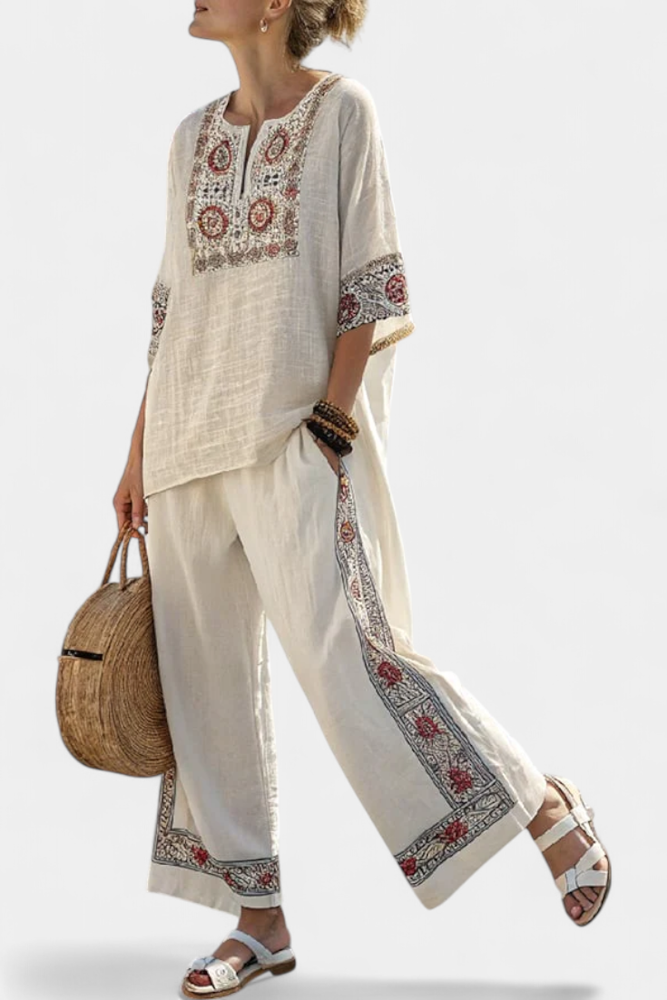 Women's Embroidered Blouse & Wide Pants Set - Breezy Summer