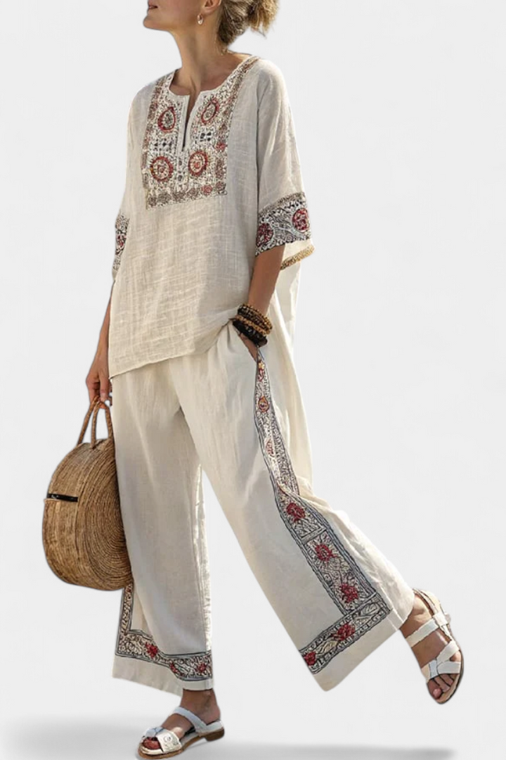 Women's Embroidered Blouse & Wide Pants Set - Breezy Summer