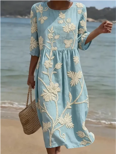 Women's Plant & Flower Print Midi Dress - Effortless Everyday Elegance