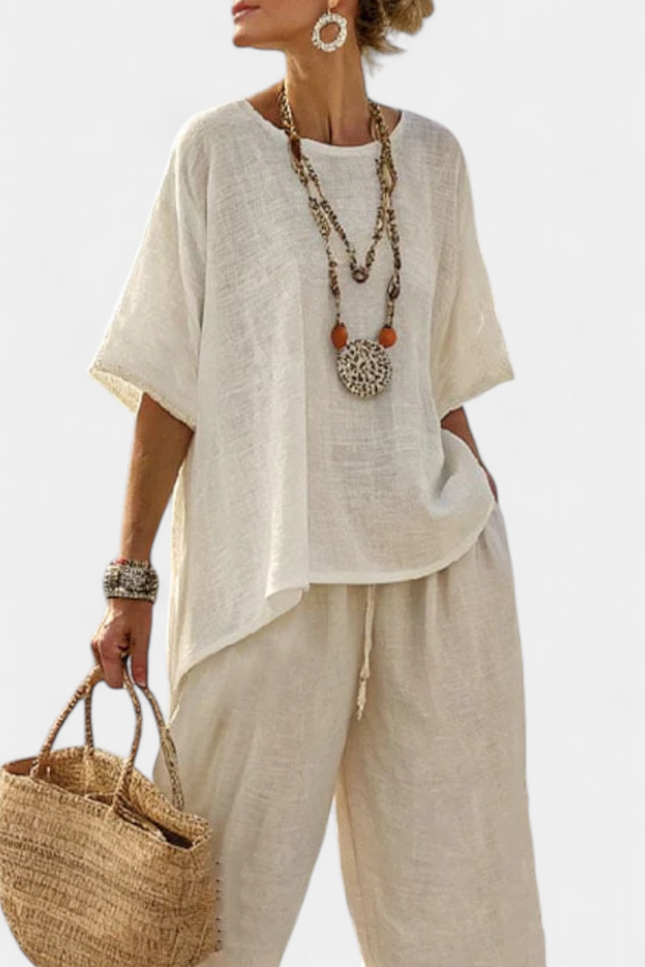 Women's Raw Blouse & Wide-Leg Pants Set - Effortless Summer Style