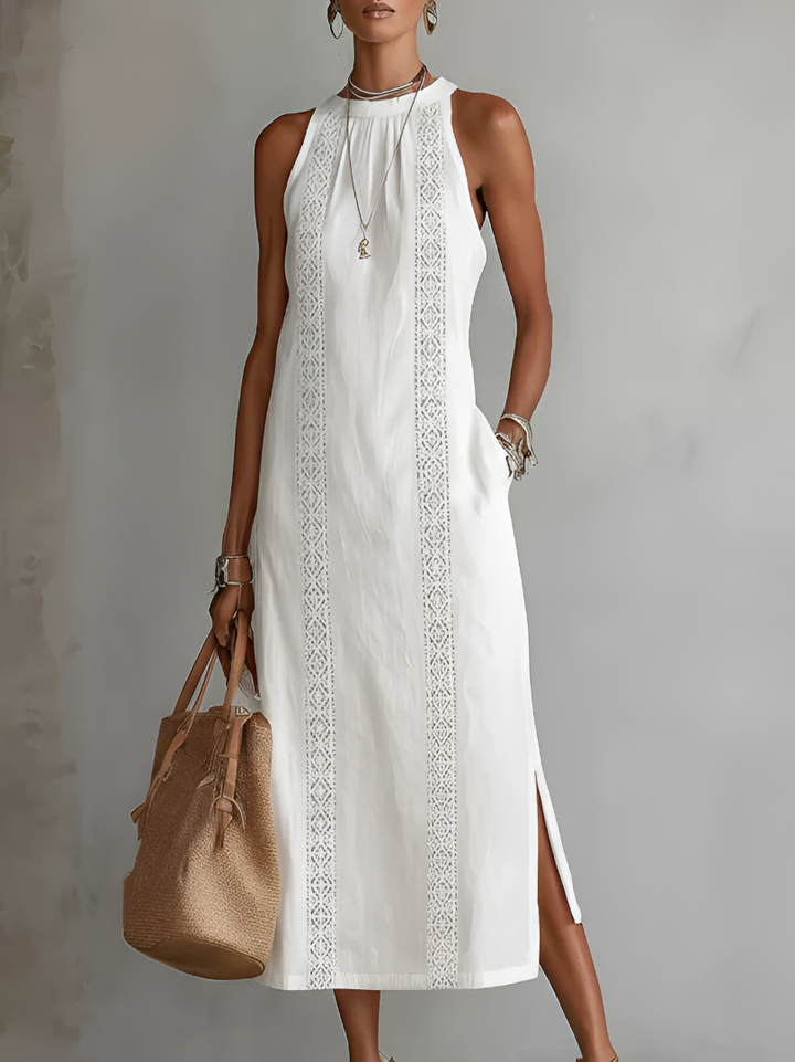 Women's Linen Mandarin Collar Midi Dress - Refined Elegance