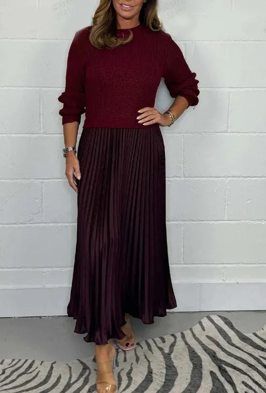Women's Knit Sweater and Pleated Maxi Dress - Elegant Comfort