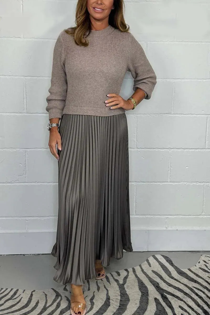Women's Knit Sweater and Pleated Maxi Dress - Elegant Comfort