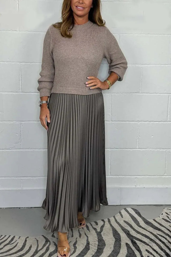 Women's Knit Sweater and Pleated Maxi Dress - Elegant Comfort