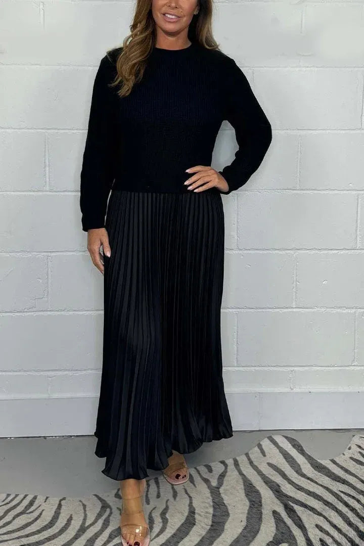 Women's Knit Sweater and Pleated Maxi Dress - Elegant Comfort