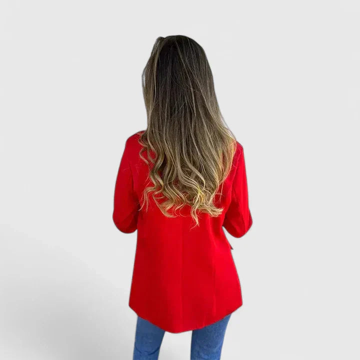 Women's Classic Red Open Front Blazer with Leopard Trim