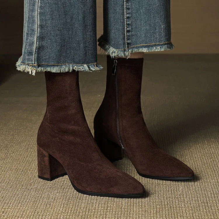 Women's Celinne Paris Genuine Suede Boots - Pointed Toe & Block Heel