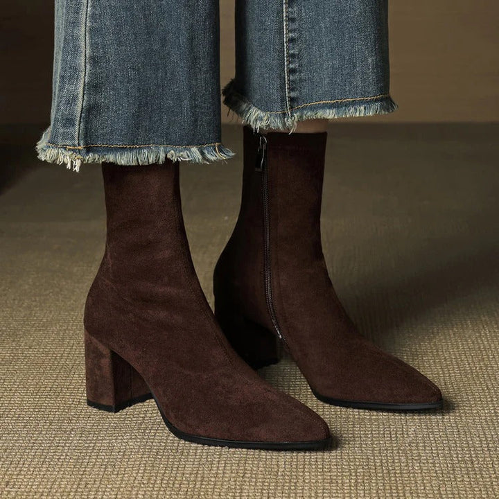 Women's Celinne Paris Genuine Suede Boots - Pointed Toe & Block Heel