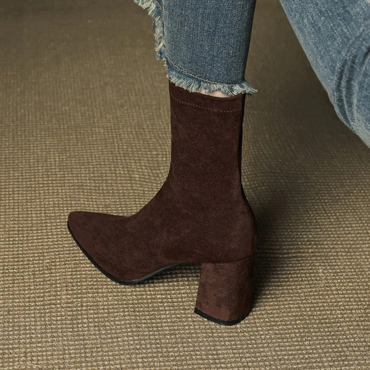 Women's Celinne Paris Genuine Suede Boots - Pointed Toe & Block Heel