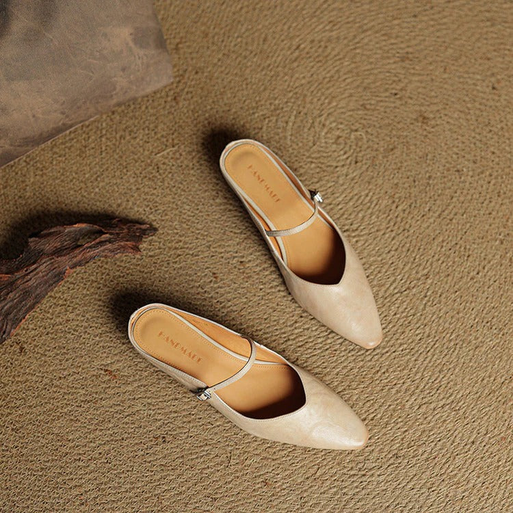 Women's Leather Mary Jane Flats with Pointed Toe - Vintage Charm