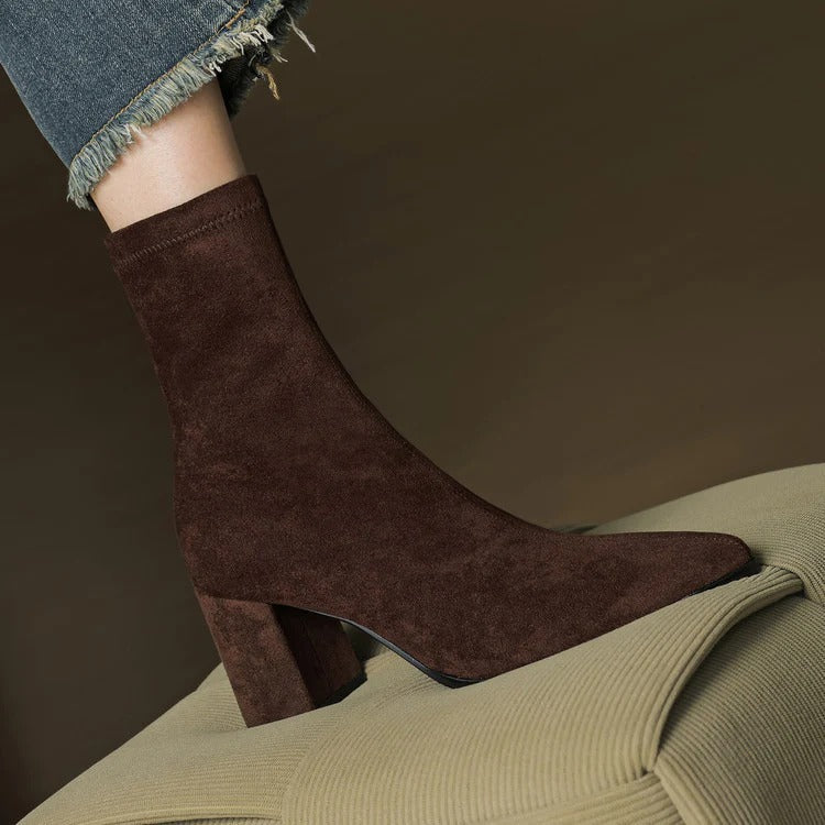 Women's Celinne Paris Genuine Suede Boots - Pointed Toe & Block Heel