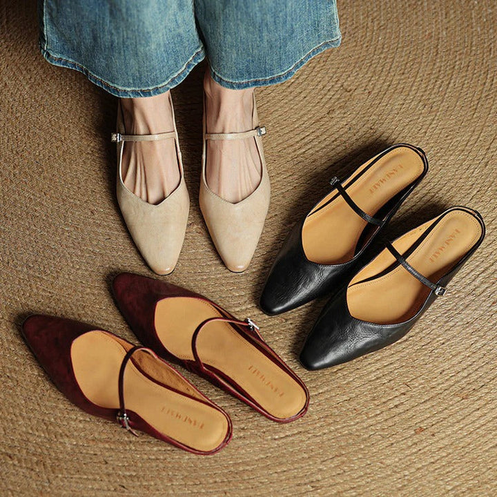 Women's Leather Mary Jane Flats with Pointed Toe - Vintage Charm