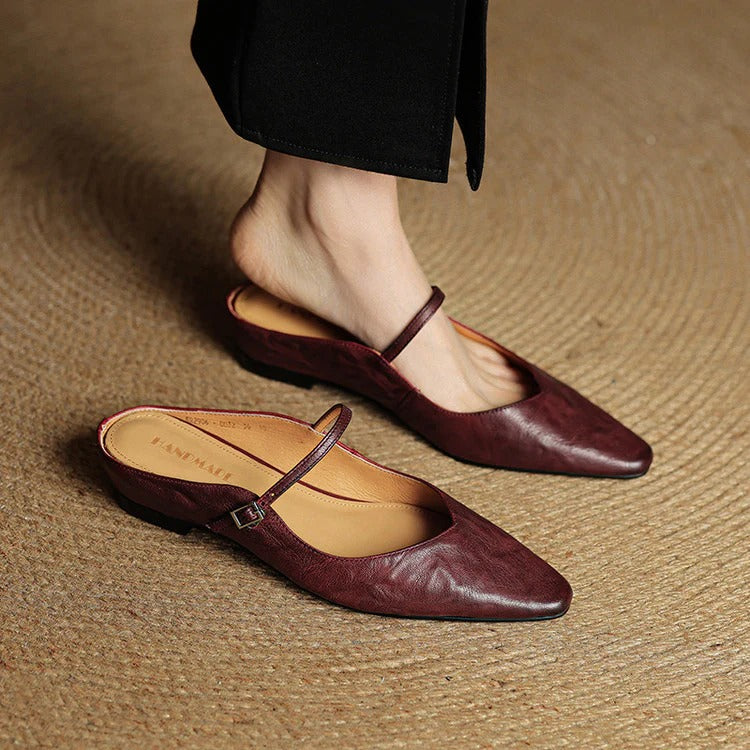 Women's Leather Mary Jane Flats with Pointed Toe - Vintage Charm