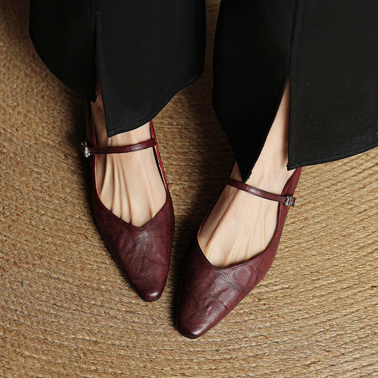 Women's Leather Mary Jane Flats with Pointed Toe - Vintage Charm