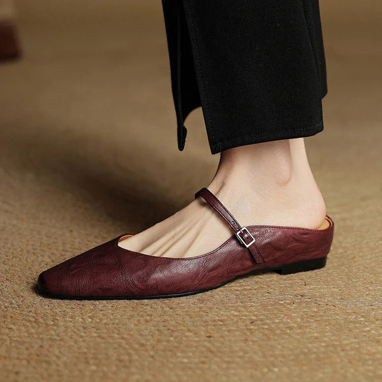 Women's Leather Mary Jane Flats with Pointed Toe - Vintage Charm