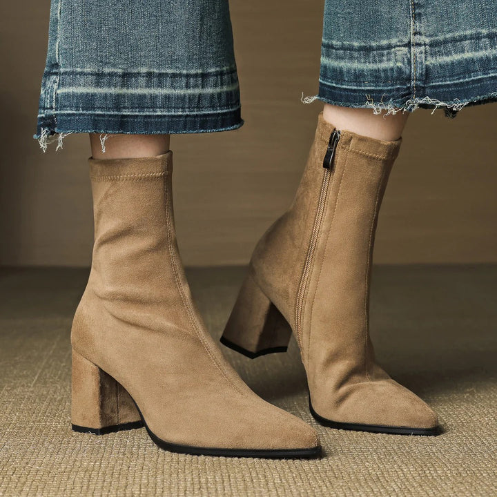 Women's Celinne Paris Genuine Suede Boots - Pointed Toe & Block Heel