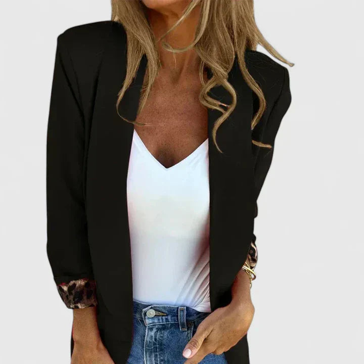 Women's Classic Red Open Front Blazer with Leopard Trim