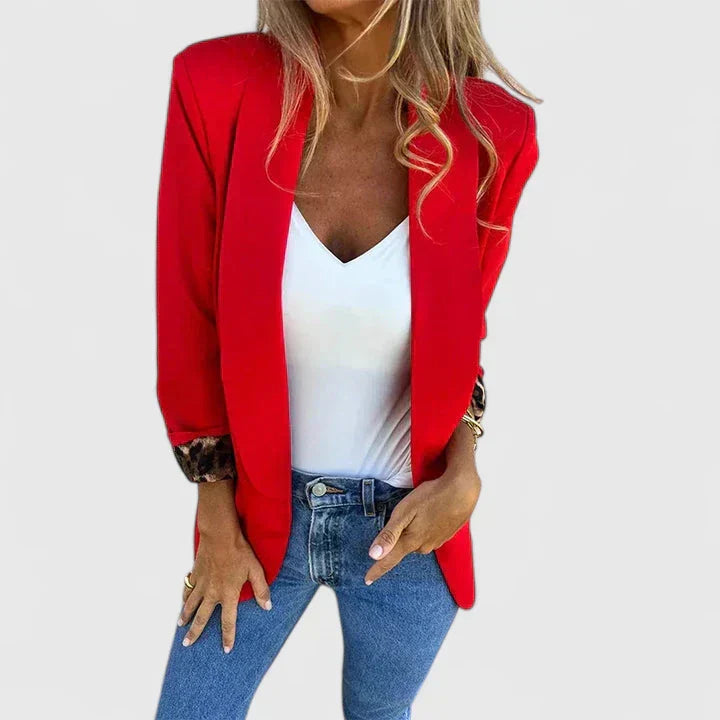 Women's Classic Red Open Front Blazer with Leopard Trim