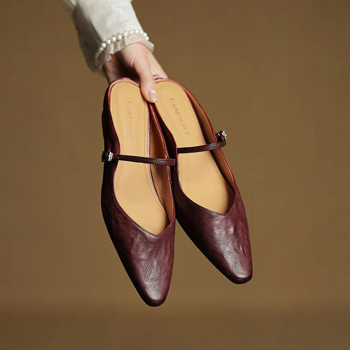 Women's Leather Mary Jane Flats with Pointed Toe - Vintage Charm