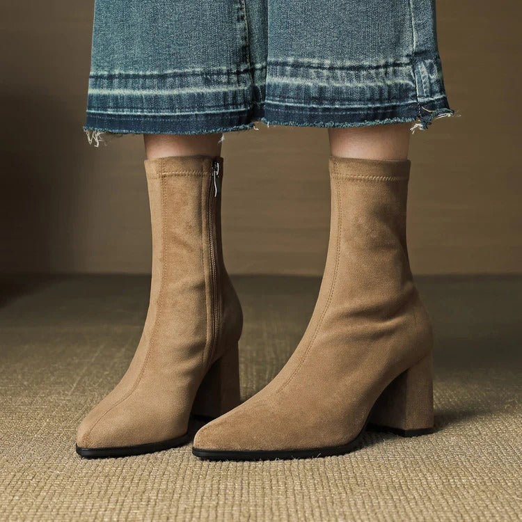 Women's Celinne Paris Genuine Suede Boots - Pointed Toe & Block Heel