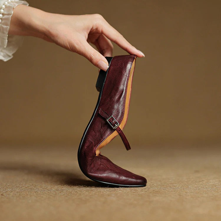 Women's Leather Mary Jane Flats with Pointed Toe - Vintage Charm