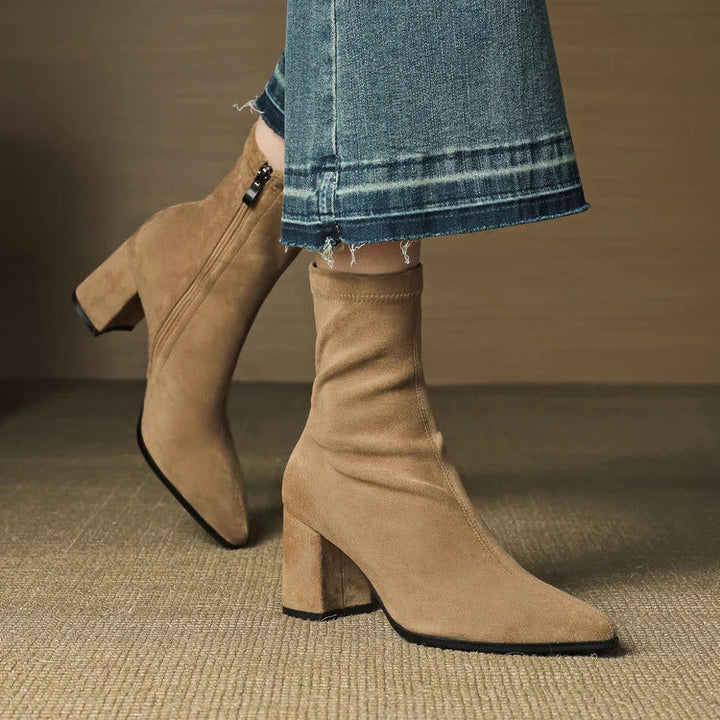 Women's Celinne Paris Genuine Suede Boots - Pointed Toe & Block Heel