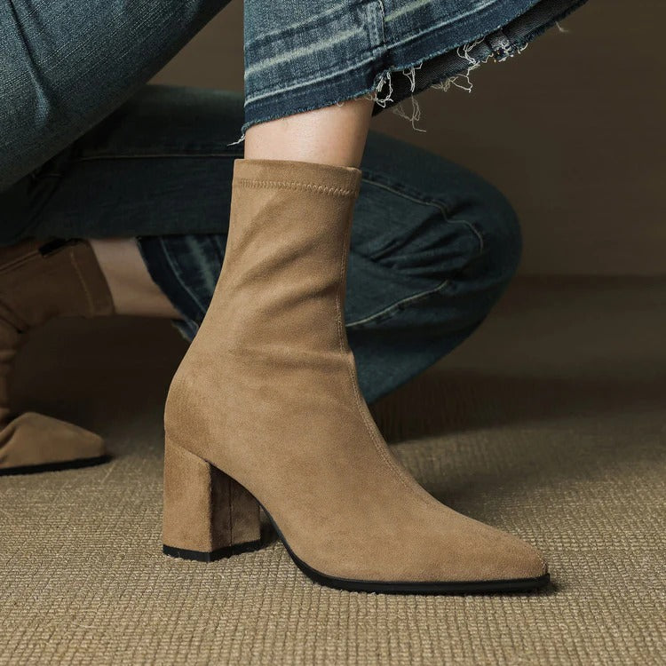 Women's Celinne Paris Genuine Suede Boots - Pointed Toe & Block Heel