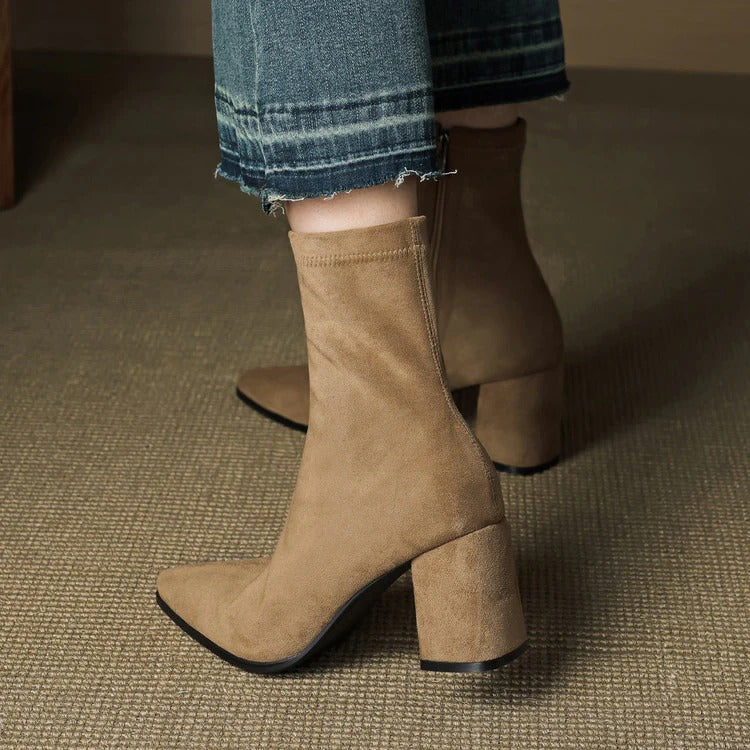 Women's Celinne Paris Genuine Suede Boots - Pointed Toe & Block Heel