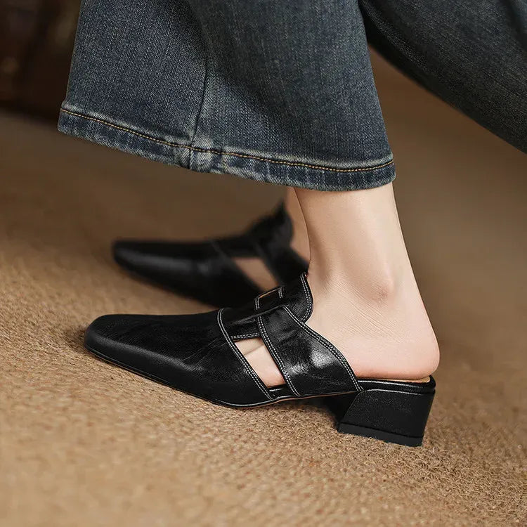 Women's Genuine Leather Mules - Everyday Parisian Elegance
