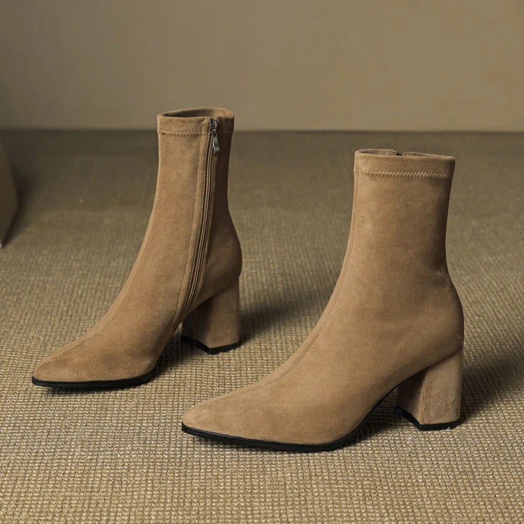 Women's Celinne Paris Genuine Suede Boots - Pointed Toe & Block Heel