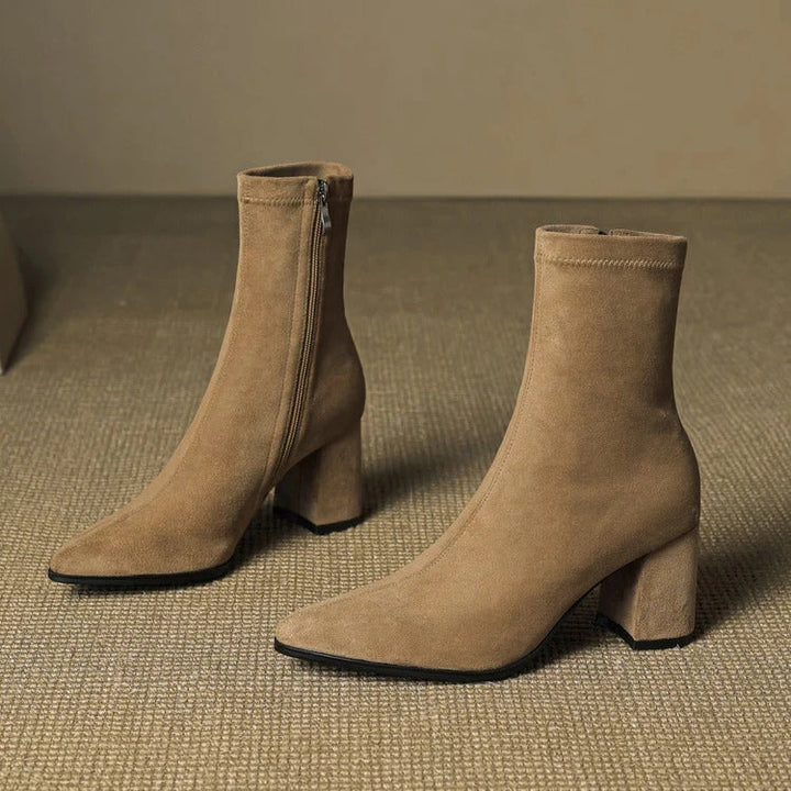 Women's Celinne Paris Genuine Suede Boots - Pointed Toe & Block Heel