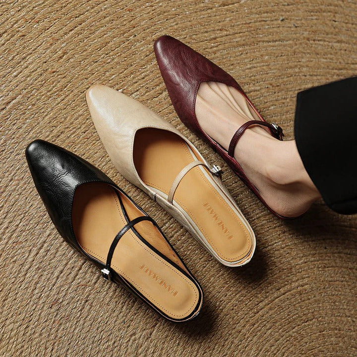 Women's Leather Mary Jane Flats with Pointed Toe - Vintage Charm