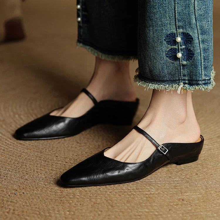 Women's Leather Mary Jane Flats with Pointed Toe - Vintage Charm