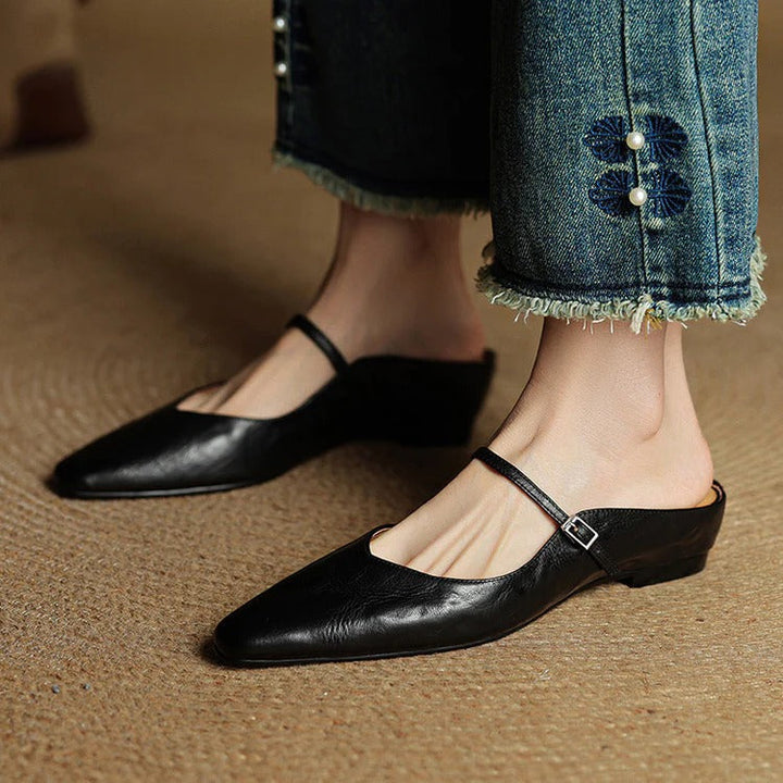 Women's Leather Mary Jane Flats with Pointed Toe - Vintage Charm