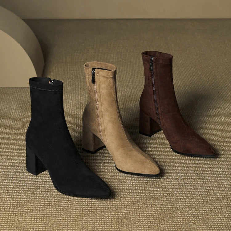 Women's Celinne Paris Genuine Suede Boots - Pointed Toe & Block Heel