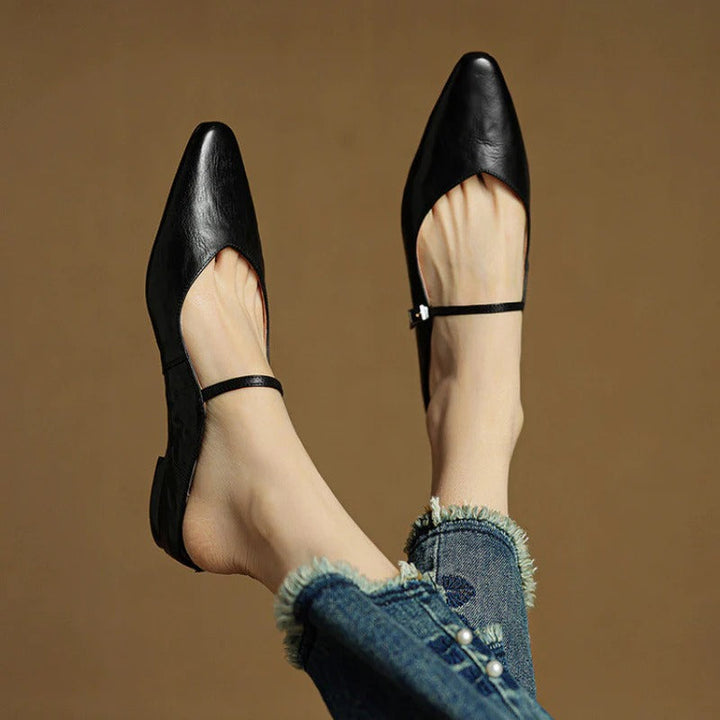Women's Leather Mary Jane Flats with Pointed Toe - Vintage Charm