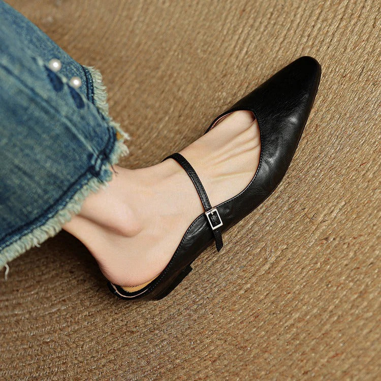 Women's Leather Mary Jane Flats with Pointed Toe - Vintage Charm