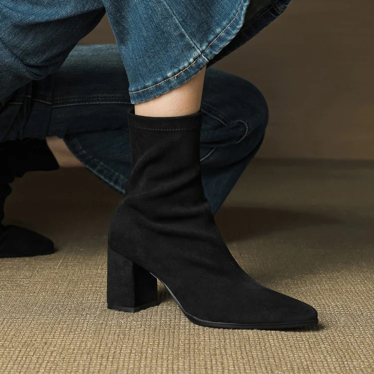 Women's Celinne Paris Genuine Suede Boots - Pointed Toe & Block Heel