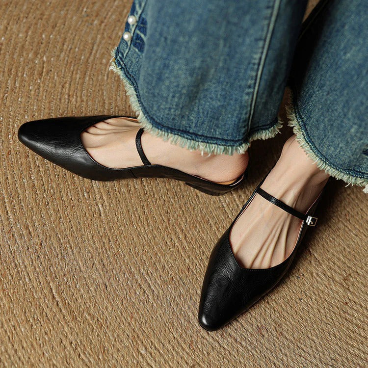 Women's Leather Mary Jane Flats with Pointed Toe - Vintage Charm