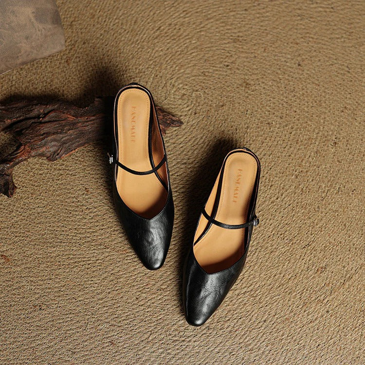 Women's Leather Mary Jane Flats with Pointed Toe - Vintage Charm