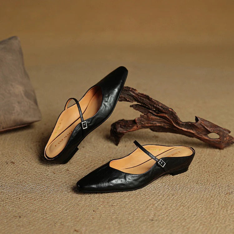 Women's Leather Mary Jane Flats with Pointed Toe - Vintage Charm