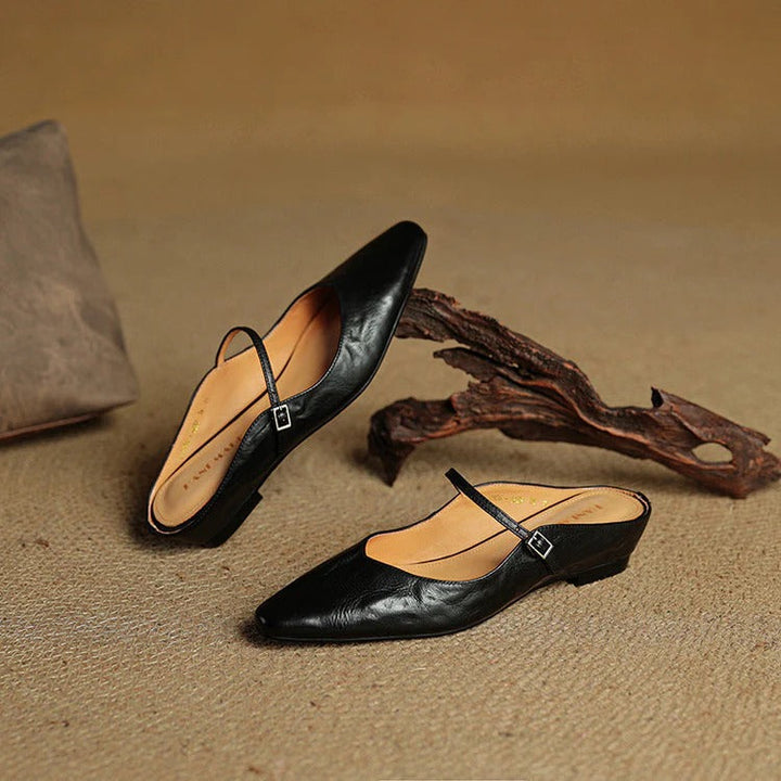 Women's Leather Mary Jane Flats with Pointed Toe - Vintage Charm