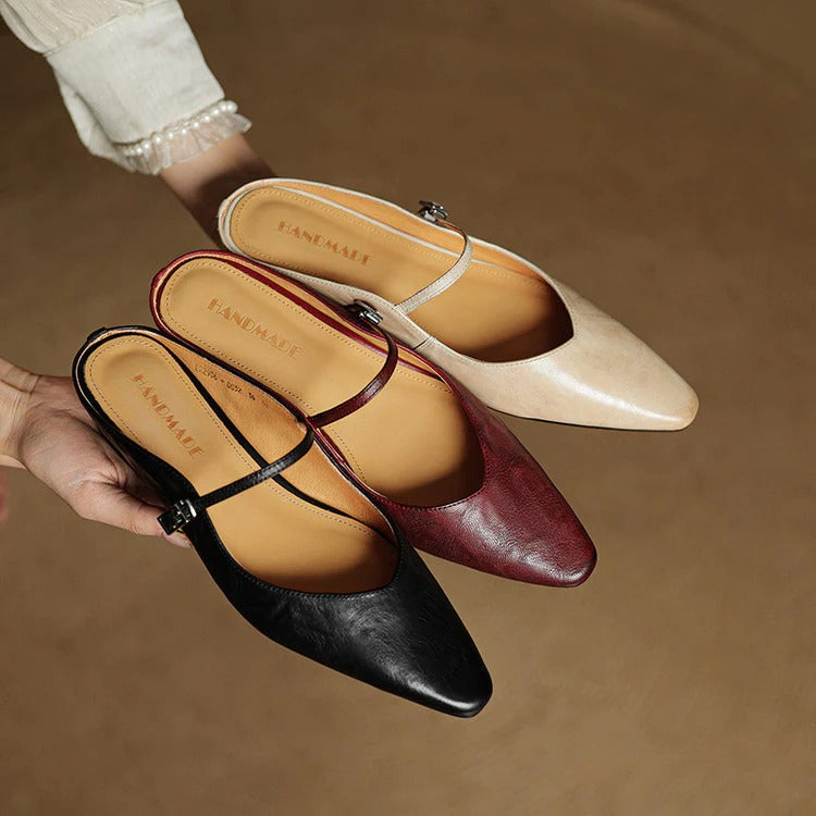 Women's Leather Mary Jane Flats with Pointed Toe - Vintage Charm