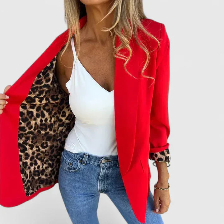 Women's Classic Red Open Front Blazer with Leopard Trim