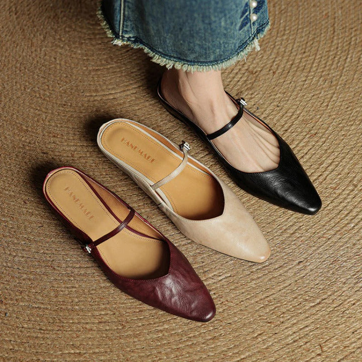 Women's Leather Mary Jane Flats with Pointed Toe - Vintage Charm