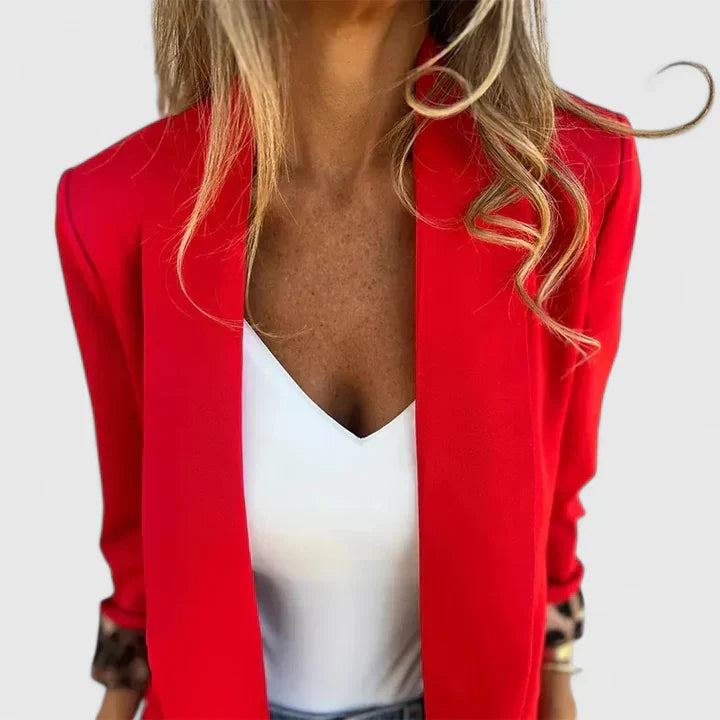Women's Classic Red Open Front Blazer with Leopard Trim