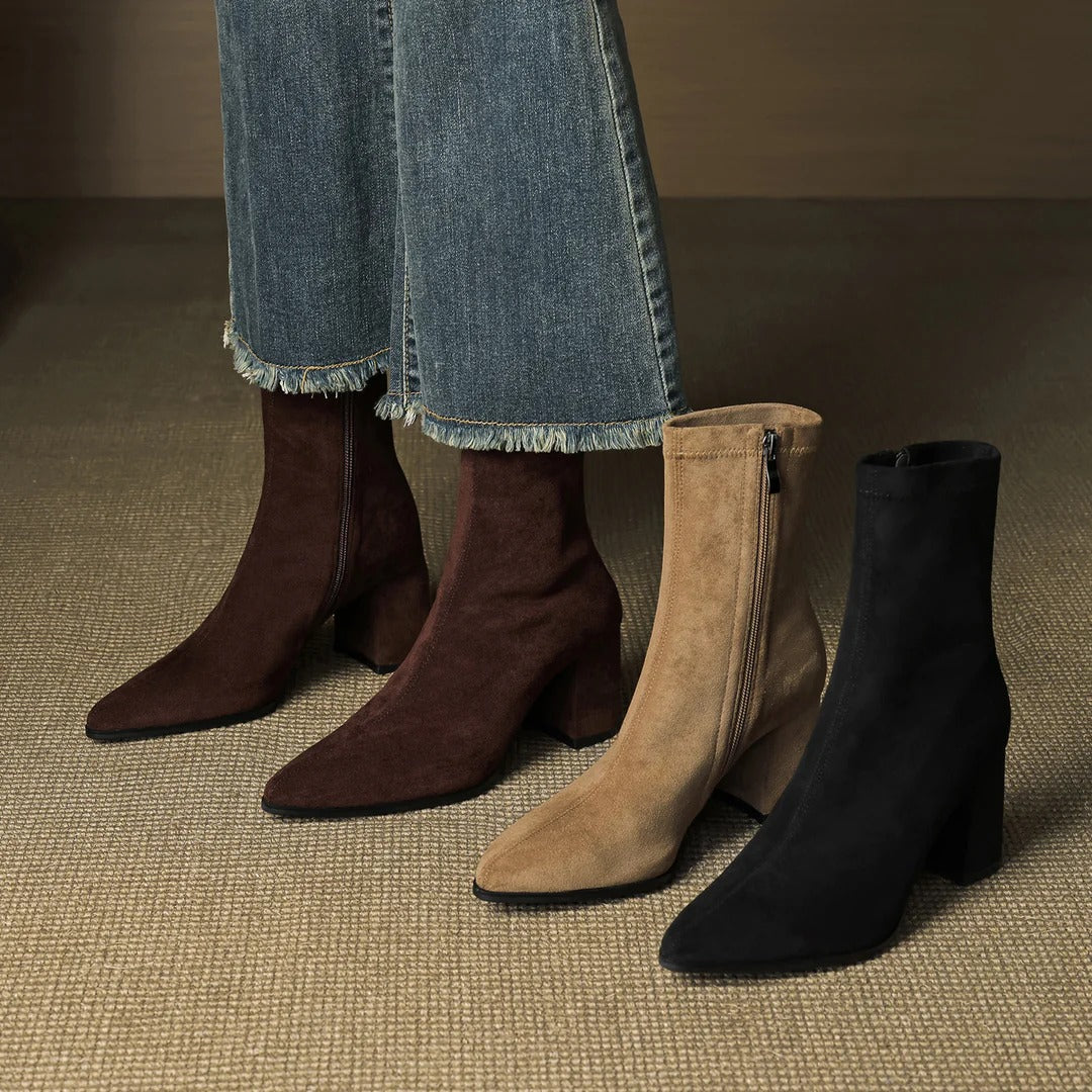 Women's Celinne Paris Genuine Suede Boots - Pointed Toe & Block Heel