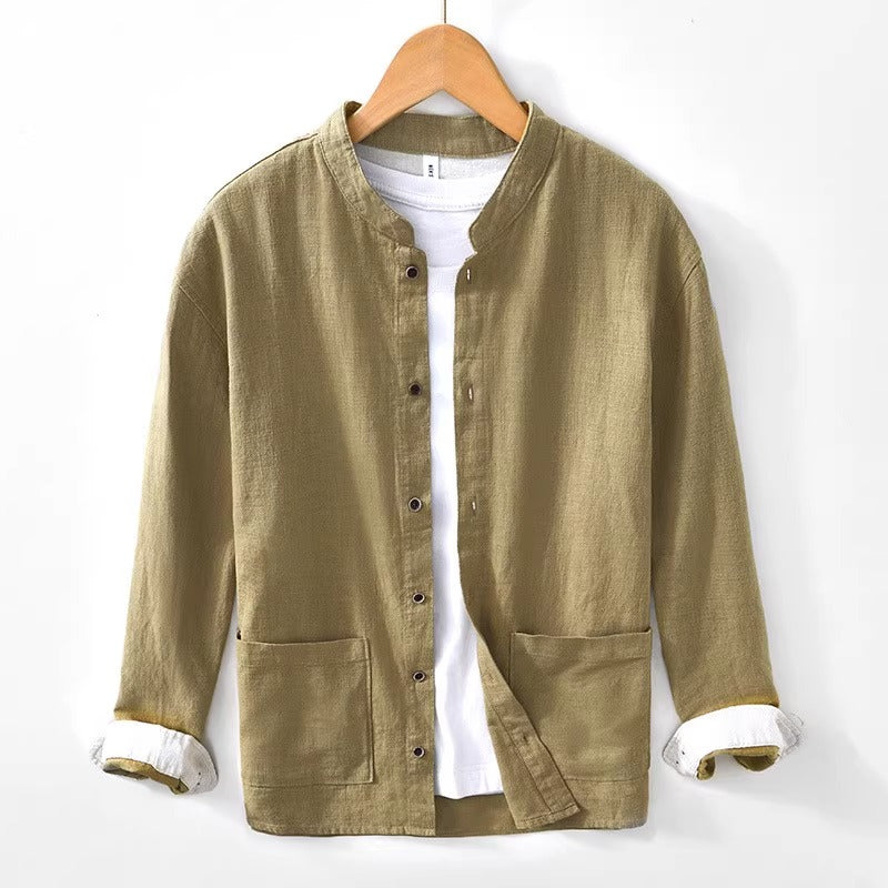 Men's Cotton Mandarin Collar Shirt – Relaxed Utility Style