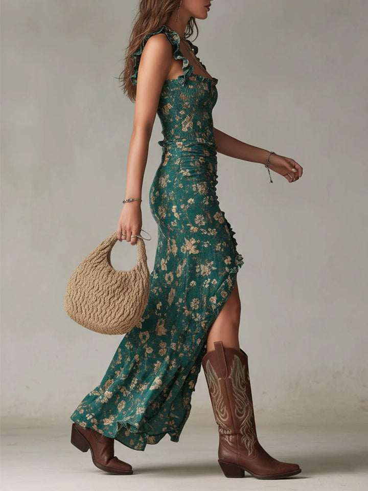 Women's Bohemian Floral Ruched Maxi Dress with Side Slit