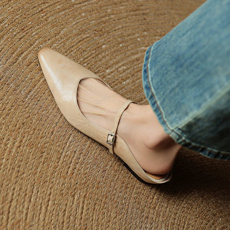 Women's Leather Mary Jane Flats with Pointed Toe - Vintage Charm